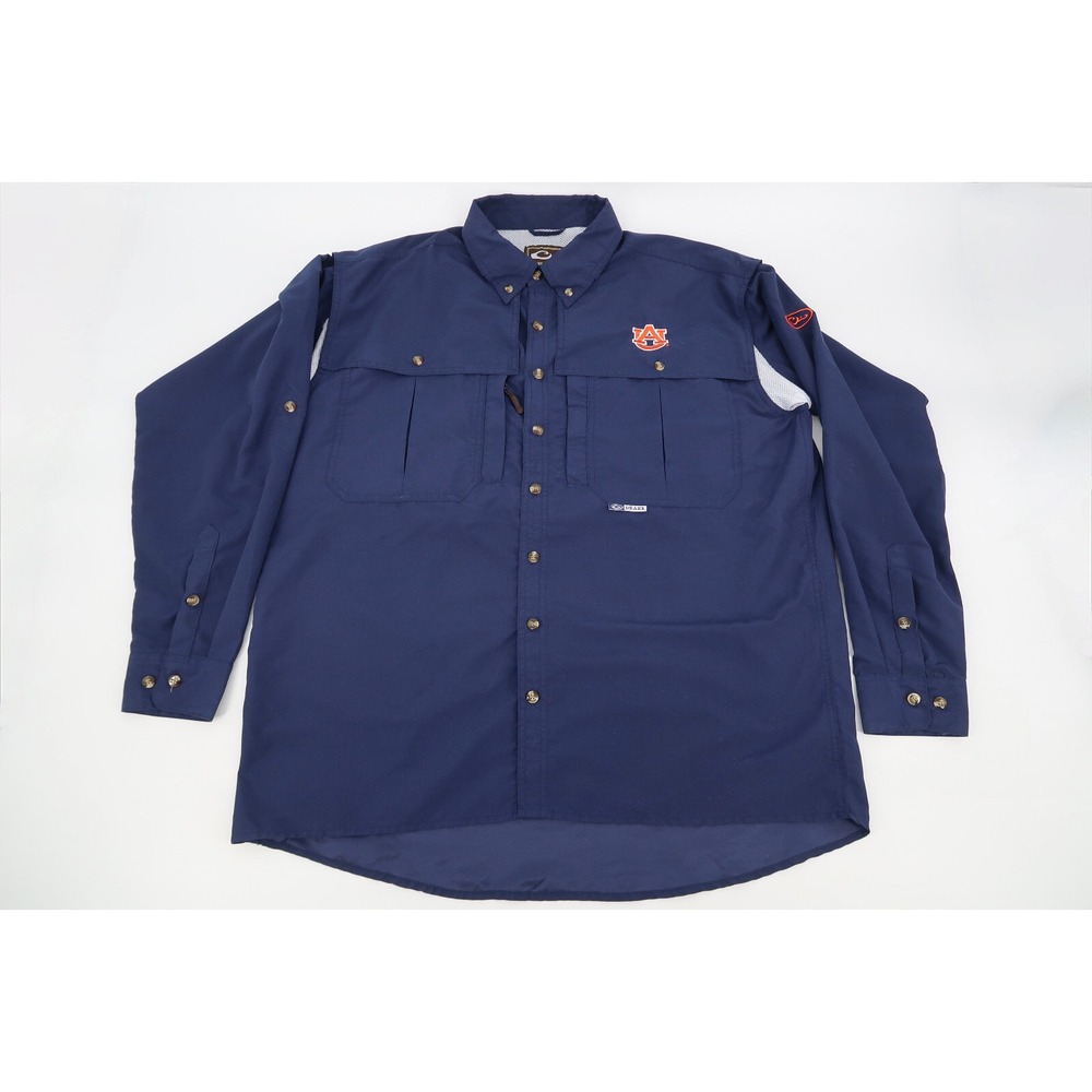 Drake Waterfowl Mens Large Auburn Tigers Vented Long‎ Sleeve Navy Button Shirt